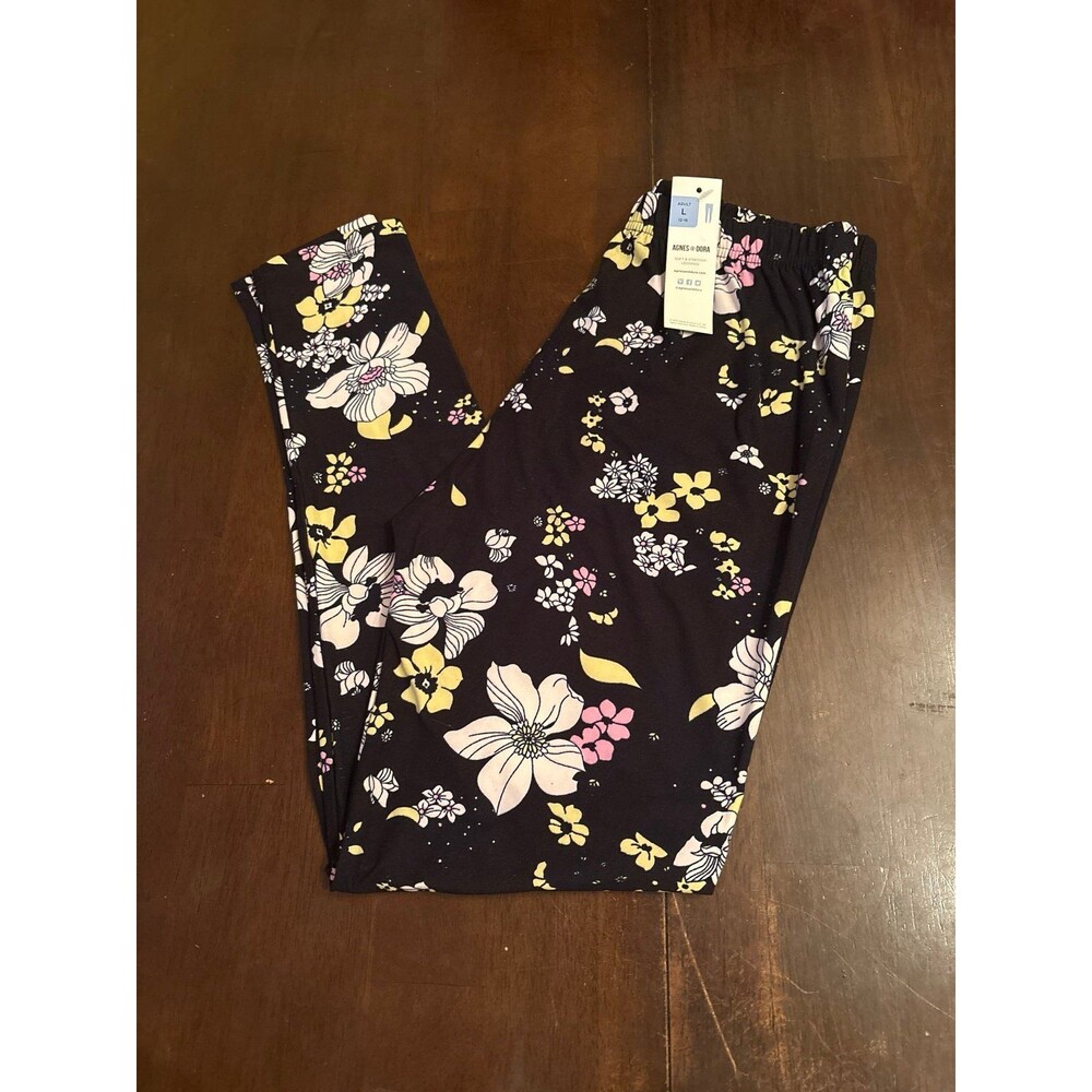 Woman's leggings black ditsy floral flowers pastel high waisted daisy modal NWT